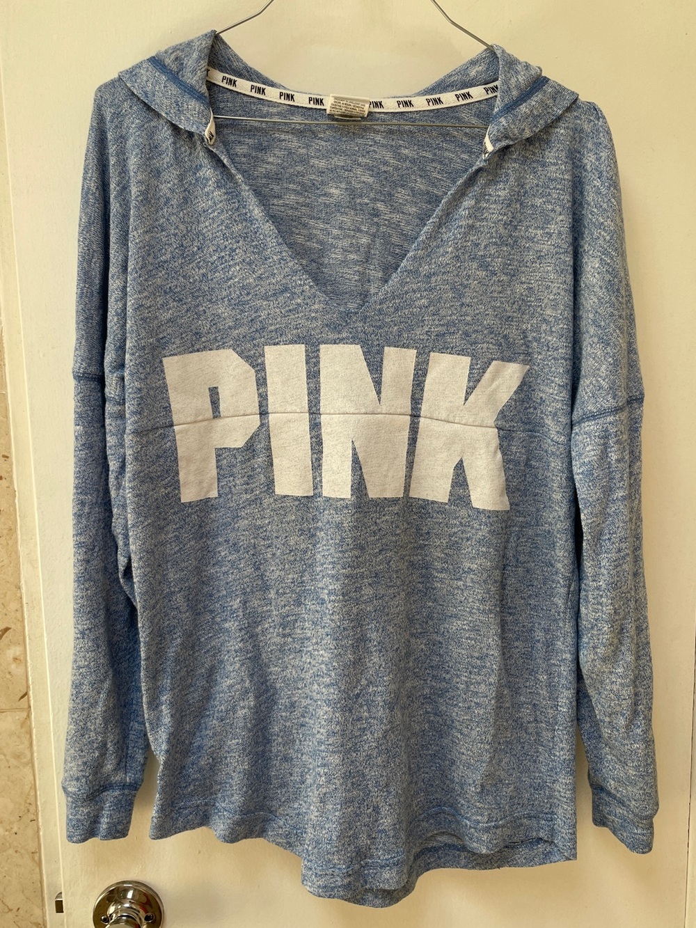 PINK Victoria's Secret Light Blue V-Neck Hooded Sweater with White Logo